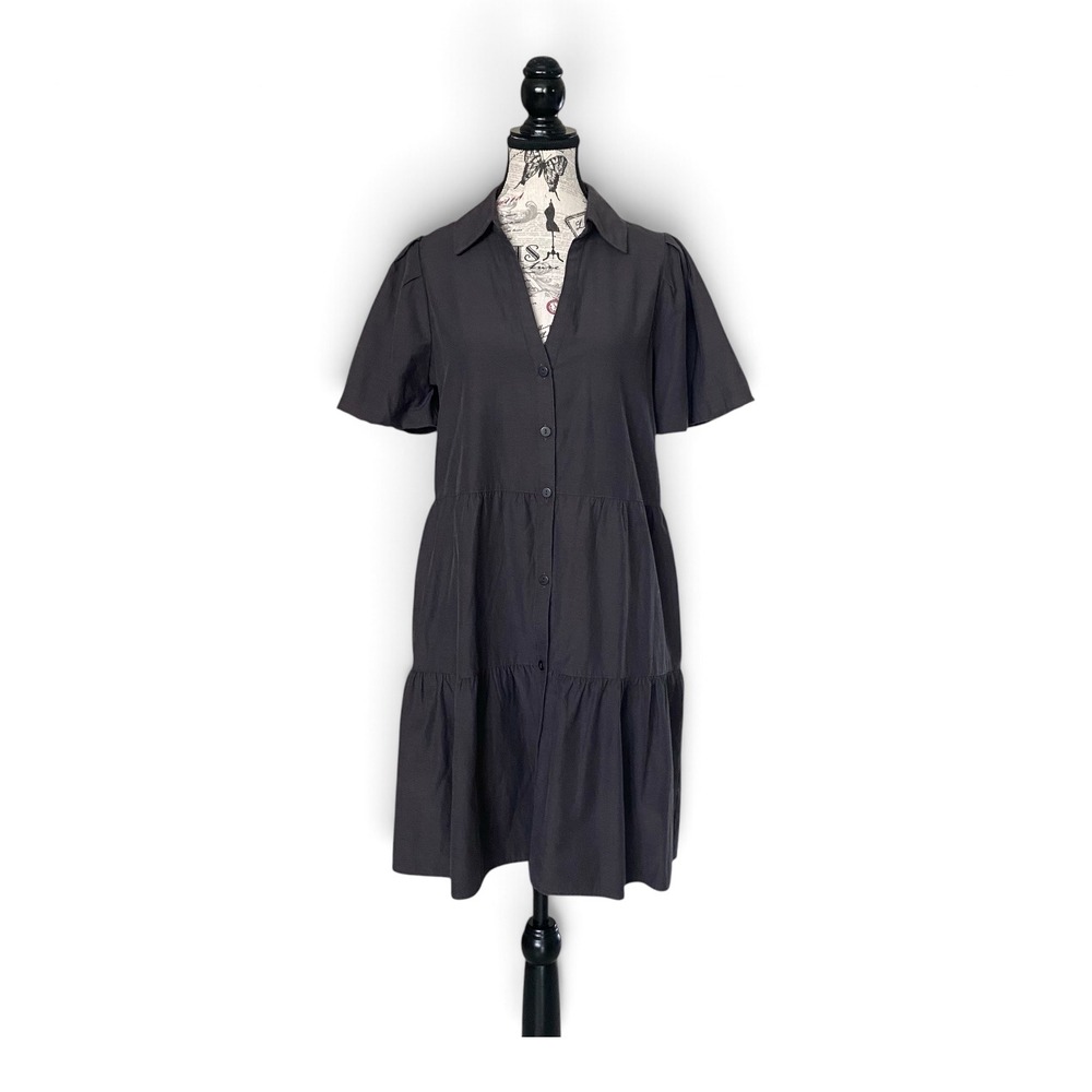 Brochu Walker Shirt Dress Womens M Gray Tiered Short Sleeve Button Front